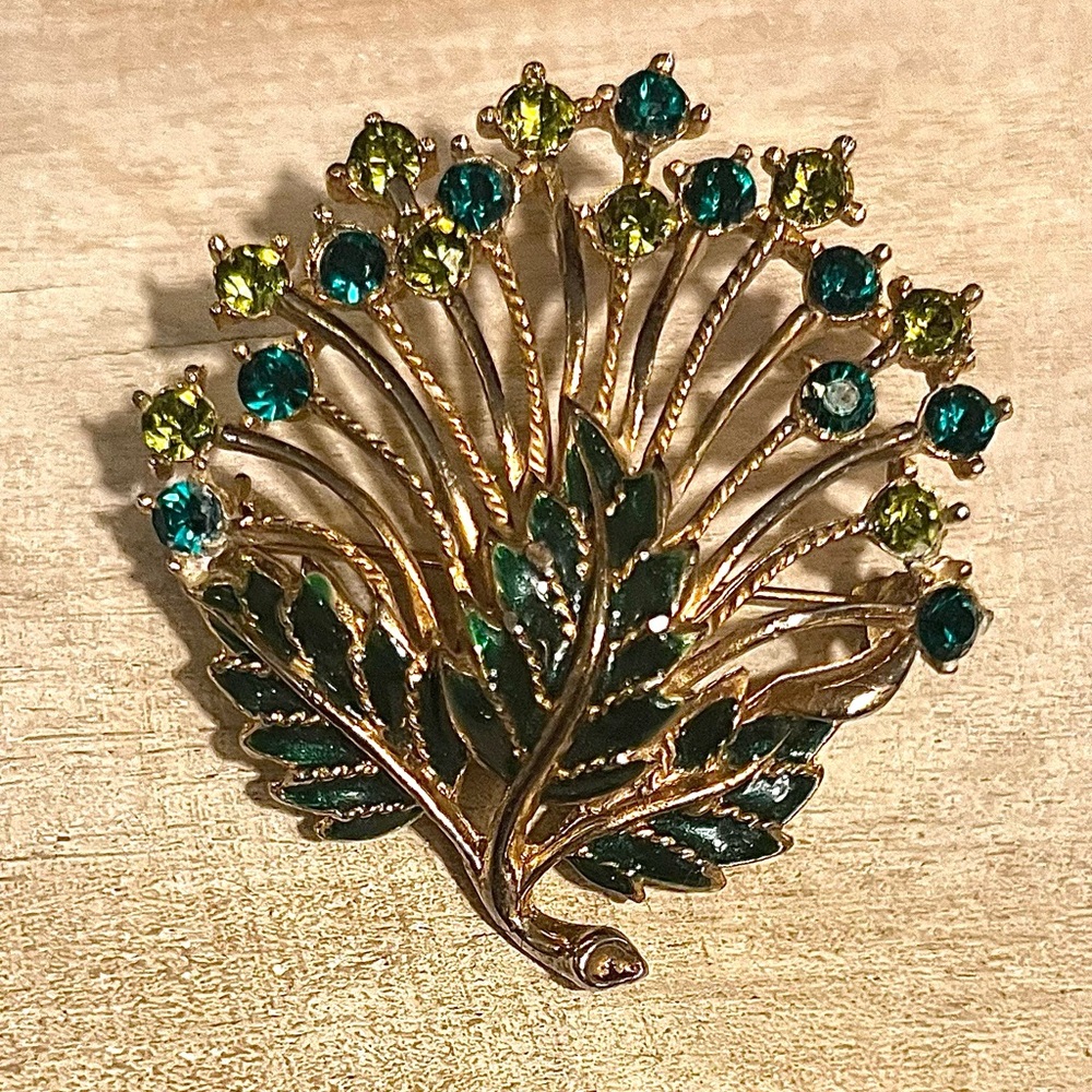 M.JENT Signed Vintage Brooch Green Leaves Gold Tone Rhinestones 2”x 2.5”